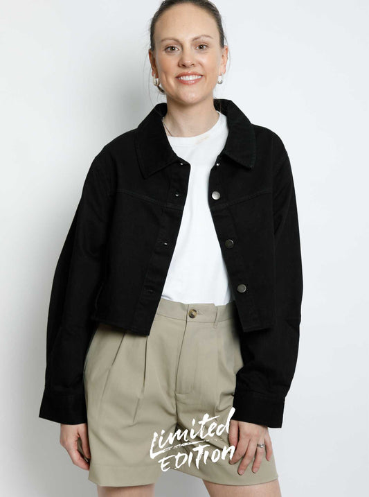 Crossover Cropped Denim Jacket - Black