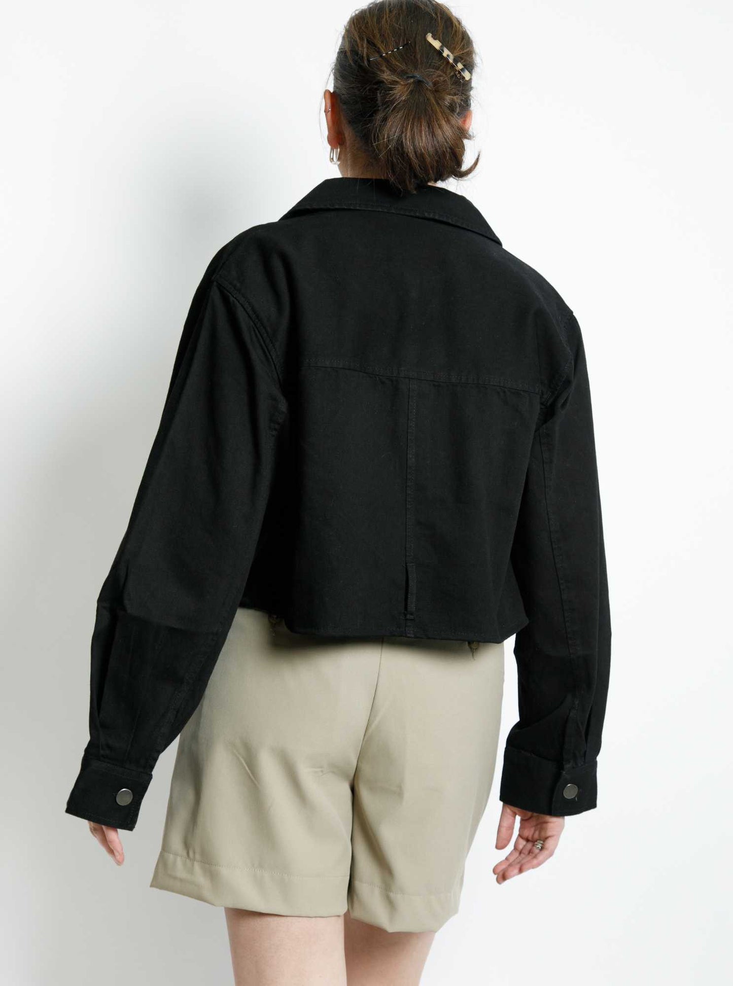 Crossover Cropped Denim Jacket - Black
